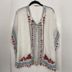 Johnny Was White Embroidered Peasant Blouse with Red & Turquoise Accents